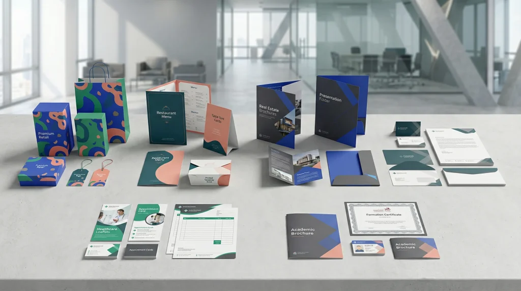 Retail business printing products Qatar - packaging, signage, and promotional materials display.