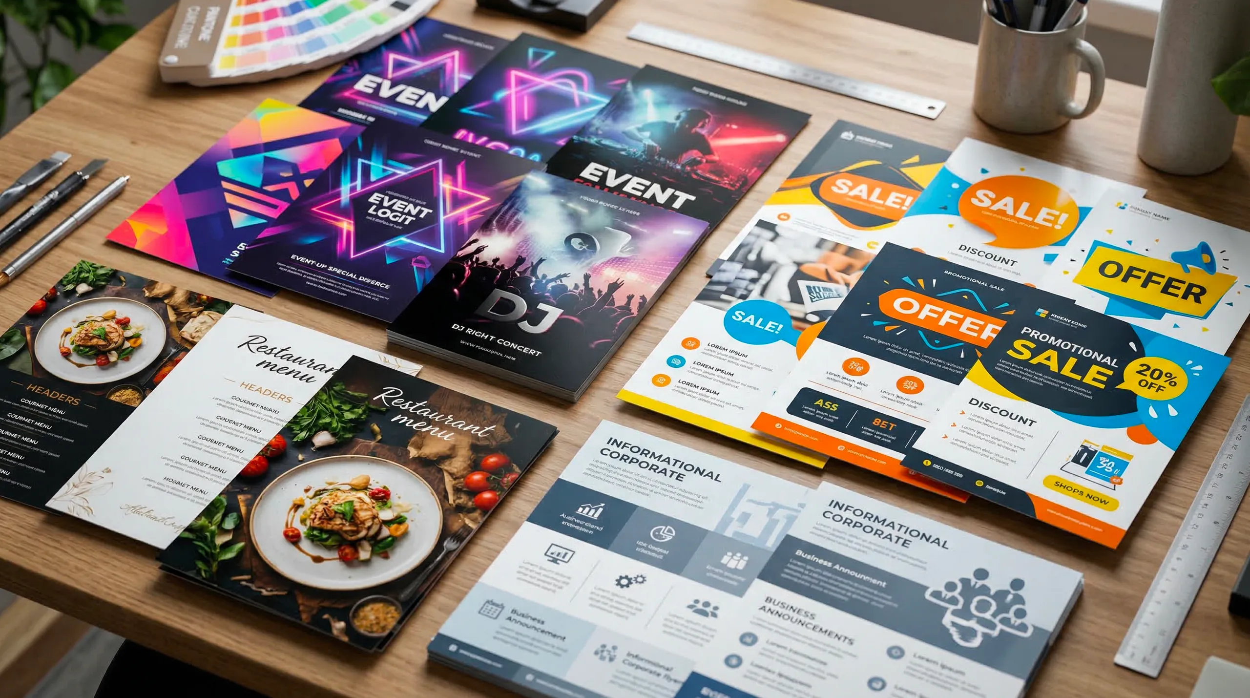 Flyer printing Qatar showcasing vibrant promotional flyers, event flyers, and menu designs for businesses