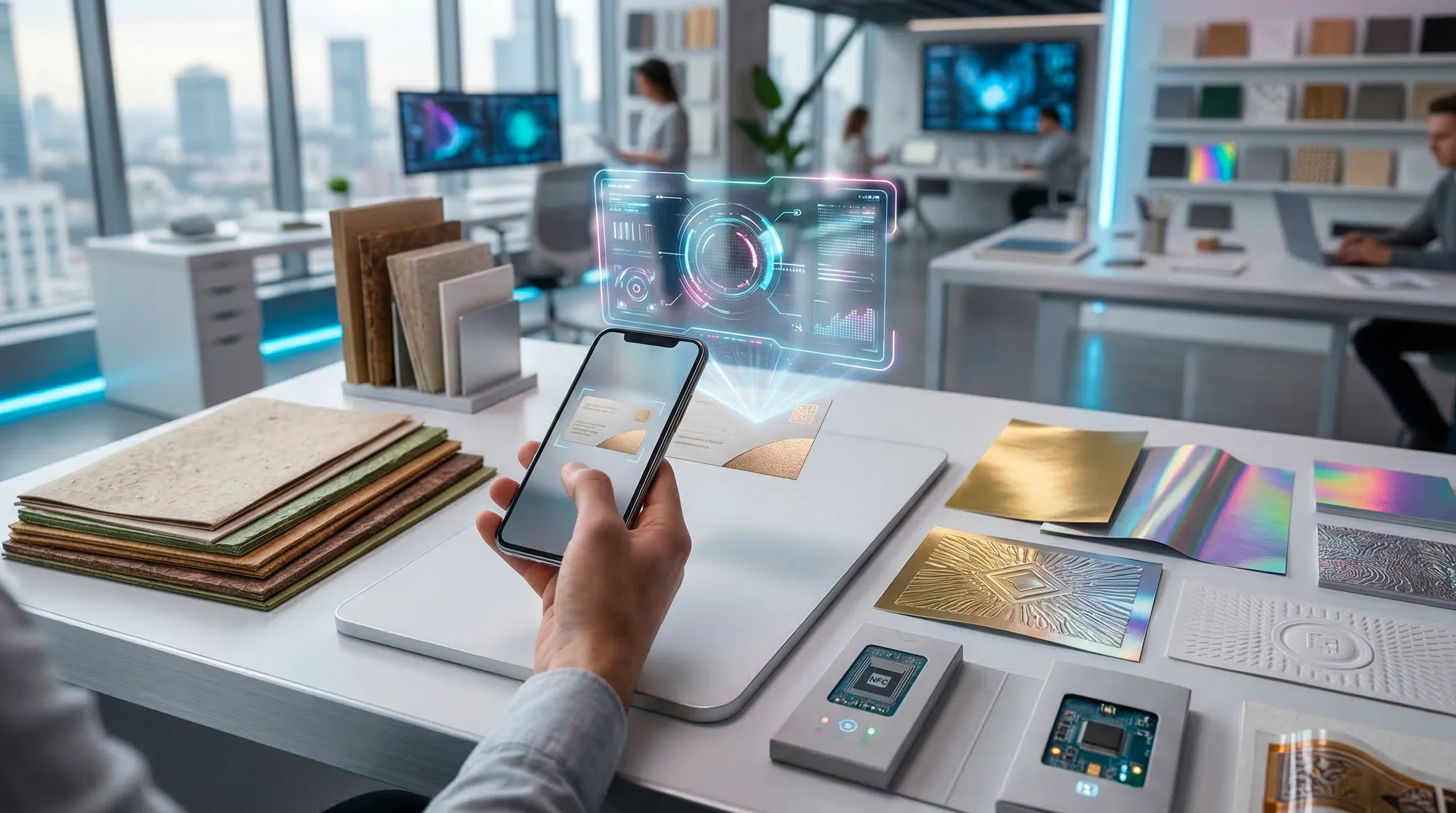 Printing trends Qatar 2026 showcasing sustainable materials, AR integration, and premium finishes in modern workspace