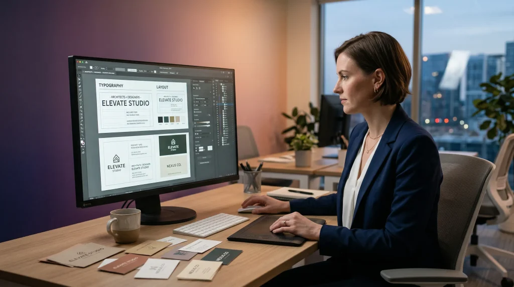 Business card design process in Qatar showing a professional designer creating custom layouts on a computer screen