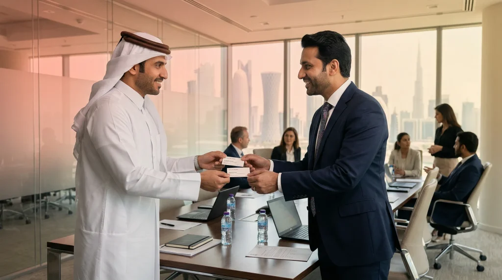 Business professionals exchanging business cards during a corporate meeting in Qatar highlighting professional networking