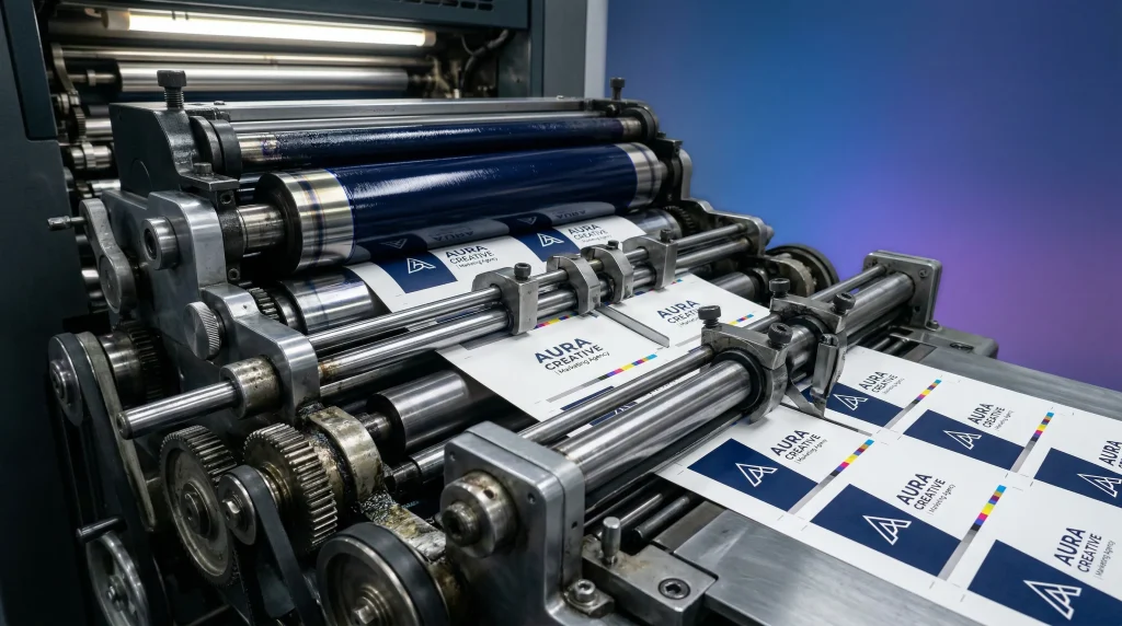 Business card printing process in Qatar with a high precision printing machine producing sharp and high-quality cards