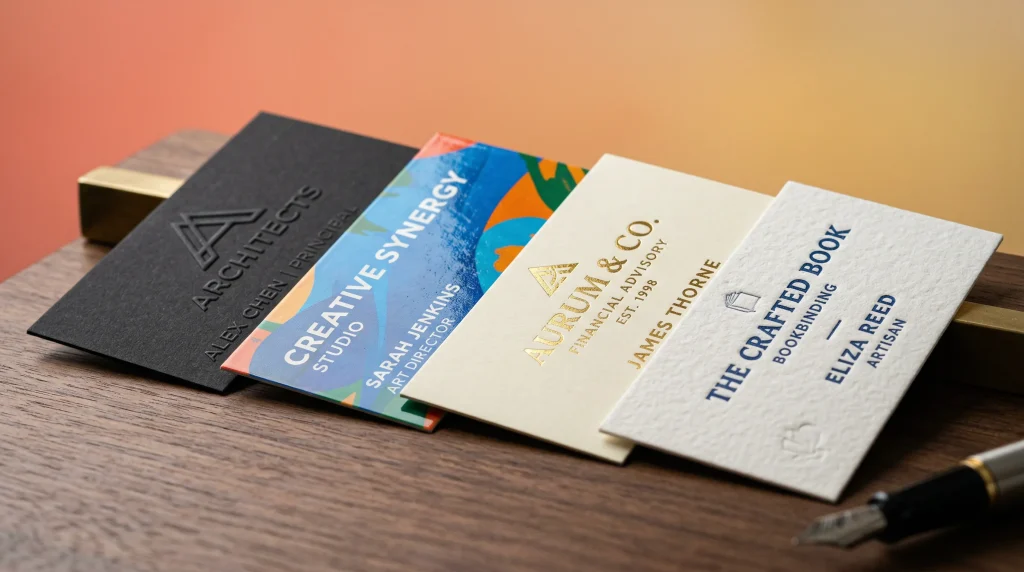 Different types of business cards including matte glossy embossed and foil stamped premium designs on a desk