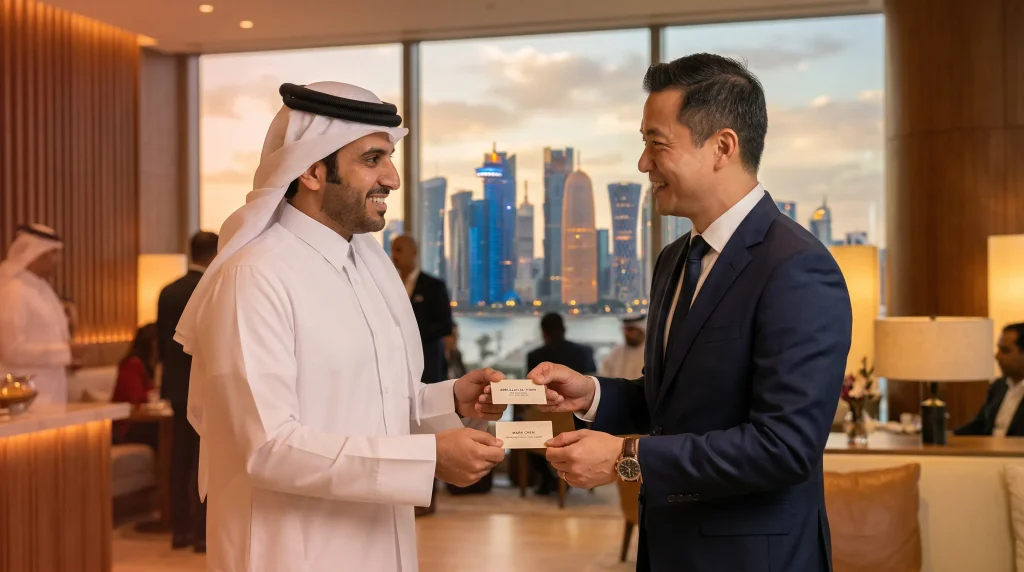 Business networking in Qatar with professionals exchanging business cards in a modern Doha corporate environment