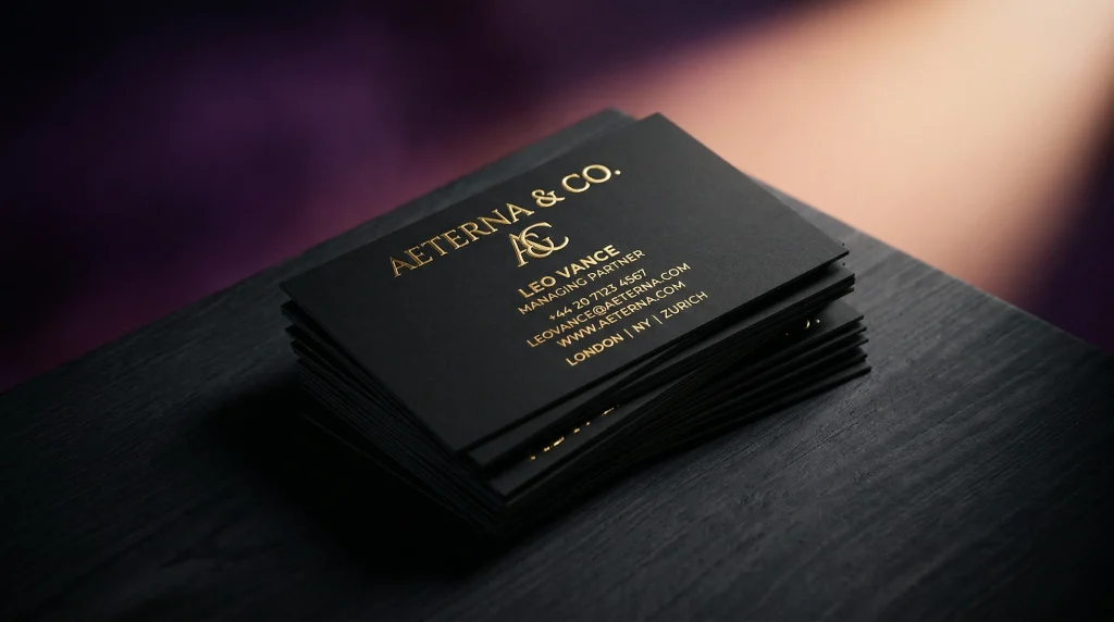 Luxury business cards with gold foil embossing and premium finishes displayed on a dark surface